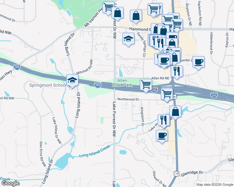 map of restaurants, bars, coffee shops, grocery stores, and more near 5734 Taylor Way in Sandy Springs