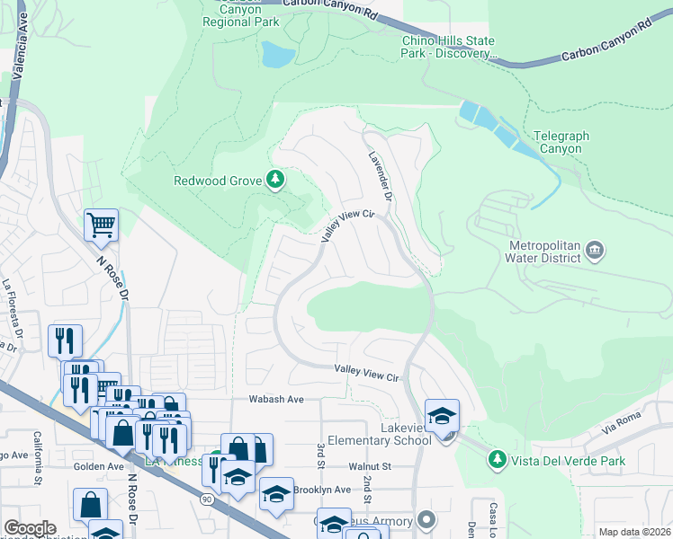 map of restaurants, bars, coffee shops, grocery stores, and more near 17284 Coriander Court in Yorba Linda