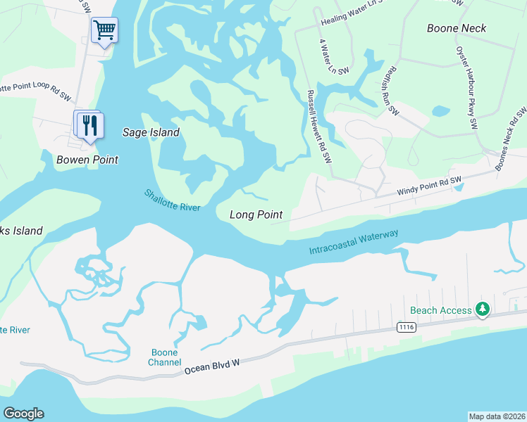 map of restaurants, bars, coffee shops, grocery stores, and more near 3819 Windy Point Road Southwest in Brunswick