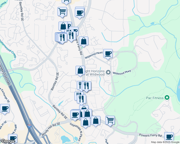 map of restaurants, bars, coffee shops, grocery stores, and more near 2969 Rivergreen Lane in Atlanta