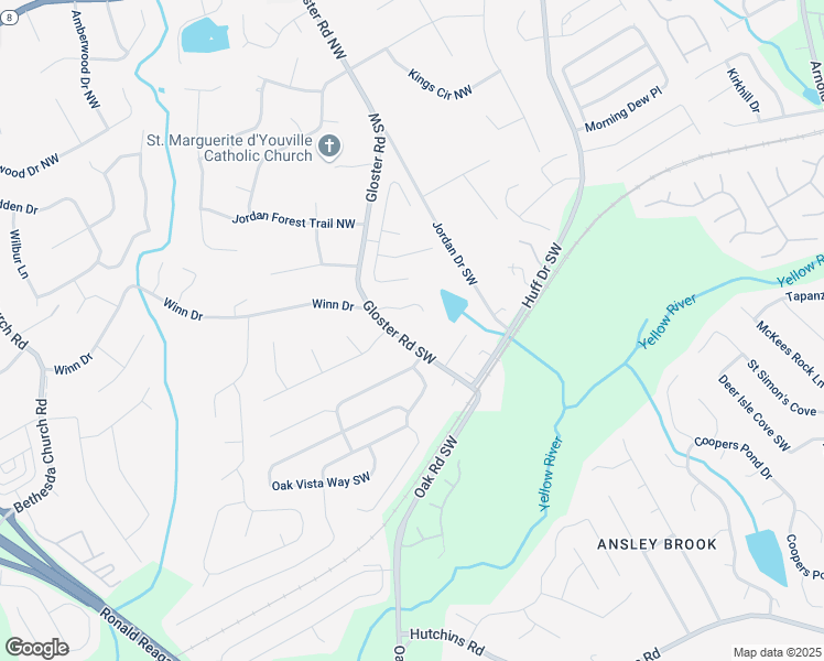 map of restaurants, bars, coffee shops, grocery stores, and more near 82 Gloster Road Southwest in Lawrenceville