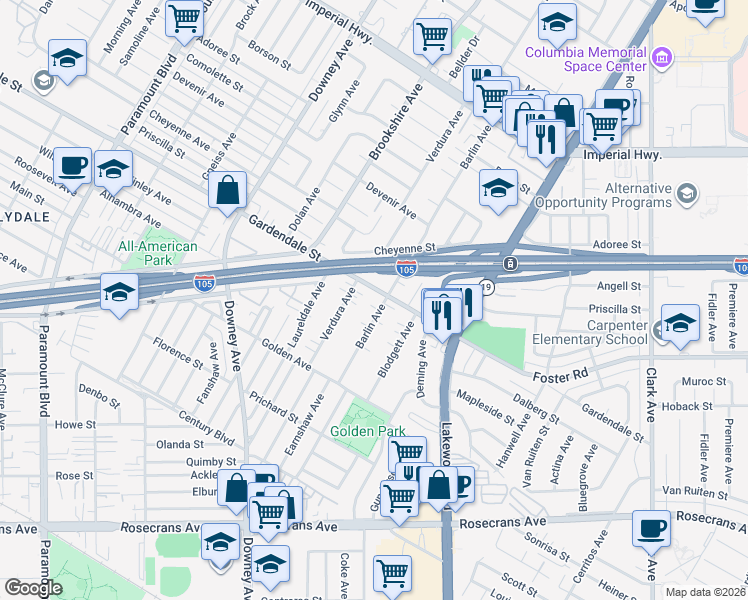 map of restaurants, bars, coffee shops, grocery stores, and more near 8720 Gardendale Street in Downey