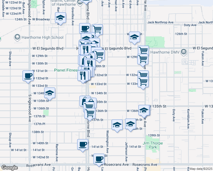 map of restaurants, bars, coffee shops, grocery stores, and more near 4302 West 133rd Street in Hawthorne