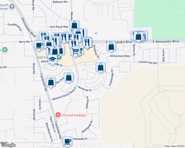 map of restaurants, bars, coffee shops, grocery stores, and more near 19569 Botany Bay Road in Riverside