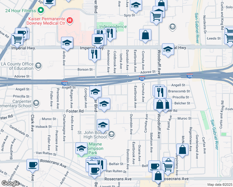 map of restaurants, bars, coffee shops, grocery stores, and more near 9803 Priscilla Street in Downey