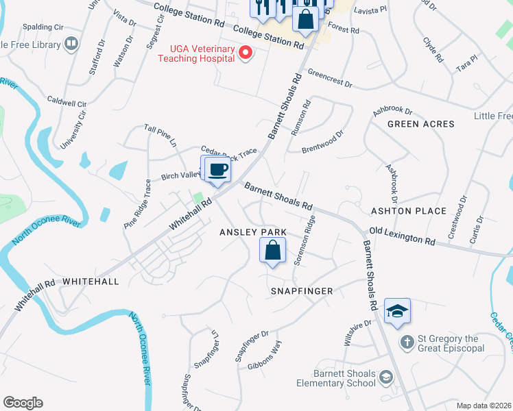 map of restaurants, bars, coffee shops, grocery stores, and more near 122 Winthrop Way in Athens