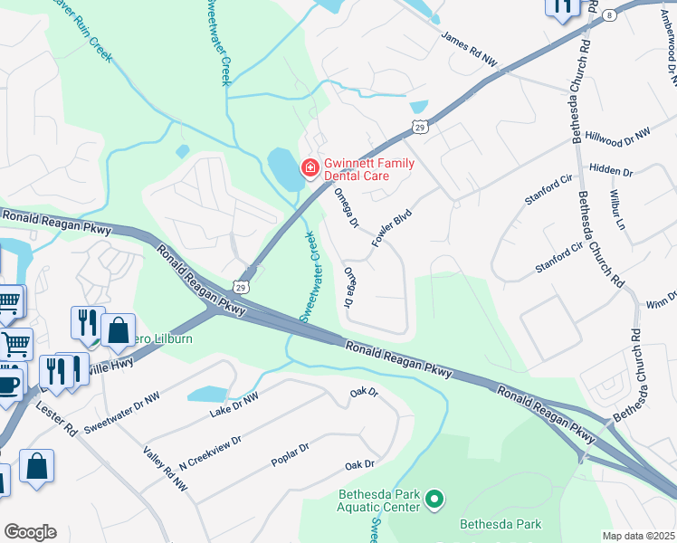 map of restaurants, bars, coffee shops, grocery stores, and more near 86 Omega Drive in Lawrenceville