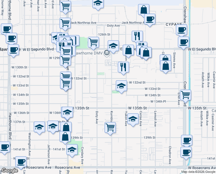 map of restaurants, bars, coffee shops, grocery stores, and more near 13235 Kornblum Avenue in Hawthorne