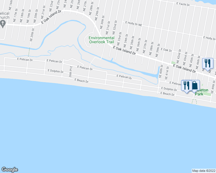 map of restaurants, bars, coffee shops, grocery stores, and more near 3205 East Beach Drive in Oak Island