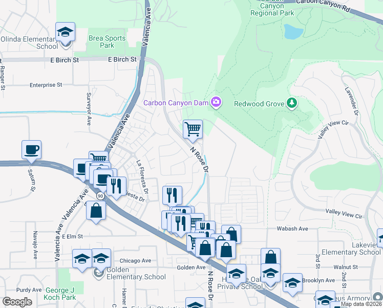 map of restaurants, bars, coffee shops, grocery stores, and more near 390 Terrazo DrIve in Brea