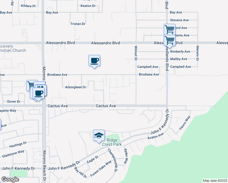 map of restaurants, bars, coffee shops, grocery stores, and more near 28582 Buttercup Way in Moreno Valley