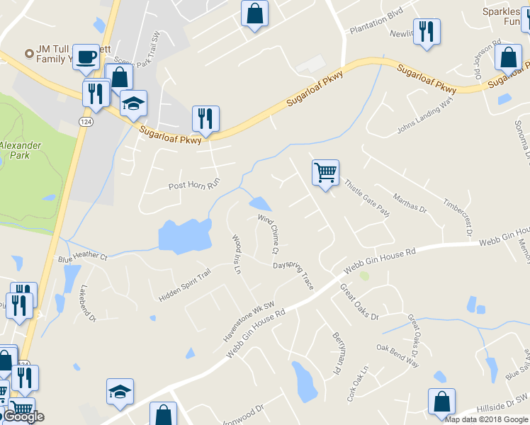 map of restaurants, bars, coffee shops, grocery stores, and more near 1366 Wind Chime Court in Lawrenceville