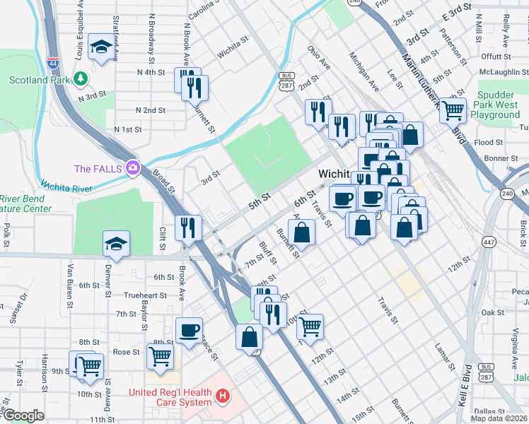 map of restaurants, bars, coffee shops, grocery stores, and more near in Wichita Falls