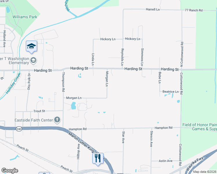 map of restaurants, bars, coffee shops, grocery stores, and more near 1615 Morgan Lane in Wichita Falls