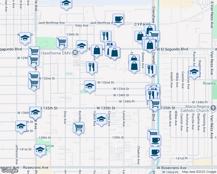 map of restaurants, bars, coffee shops, grocery stores, and more near 3501 West 133rd Street in Hawthorne