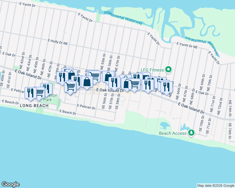 map of restaurants, bars, coffee shops, grocery stores, and more near 5705 East Oak Island Drive in Oak Island