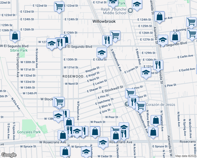 map of restaurants, bars, coffee shops, grocery stores, and more near 2131 East Nord Street in Compton