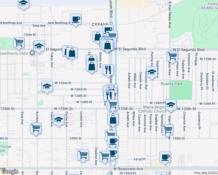 map of restaurants, bars, coffee shops, grocery stores, and more near 13207 Eriel Avenue in Hawthorne