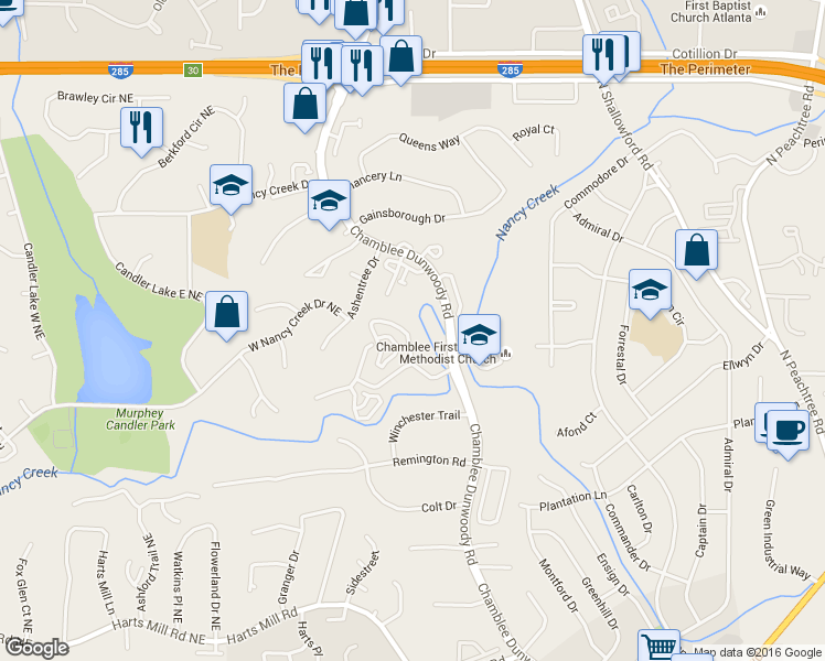 map of restaurants, bars, coffee shops, grocery stores, and more near 4130 D Youville Trace in Atlanta