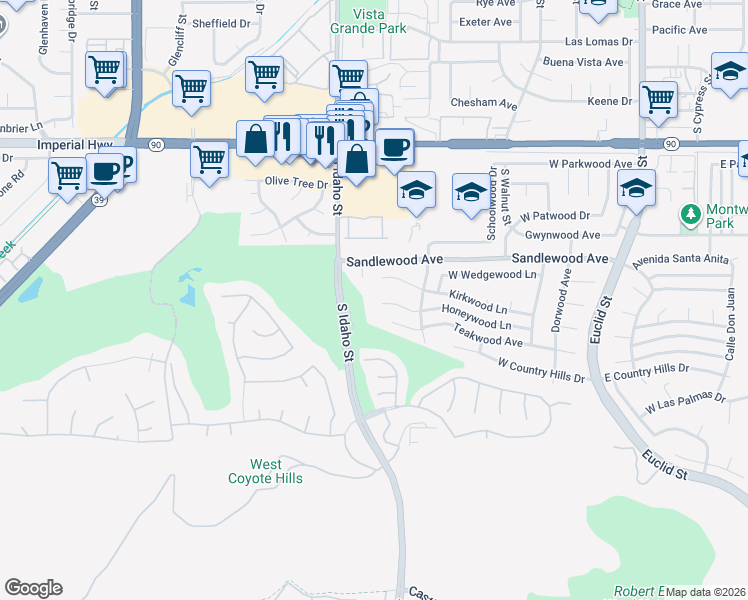 map of restaurants, bars, coffee shops, grocery stores, and more near 921 Honeywood Lane in La Habra