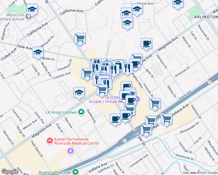 map of restaurants, bars, coffee shops, grocery stores, and more near 10260 Magnolia Avenue in Riverside