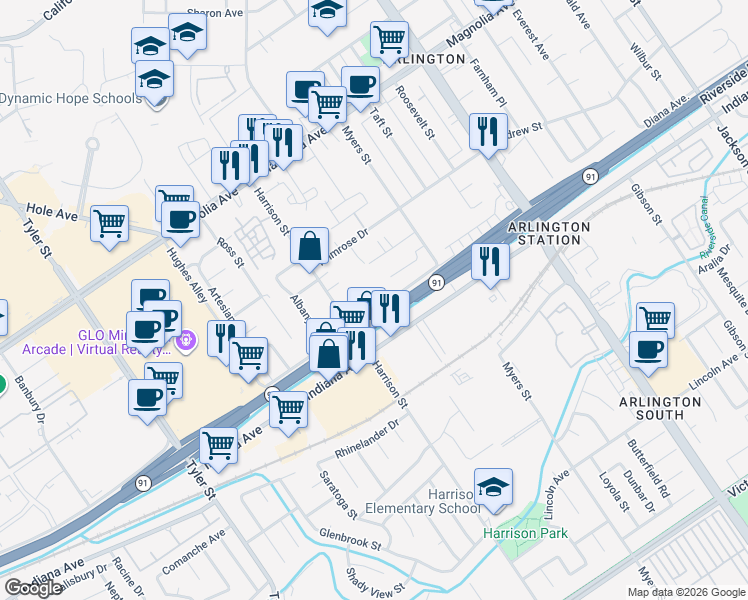 map of restaurants, bars, coffee shops, grocery stores, and more near 9847 Diana Avenue in Riverside