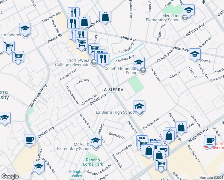 map of restaurants, bars, coffee shops, grocery stores, and more near La Sierra Ave & Collett Ave in Riverside