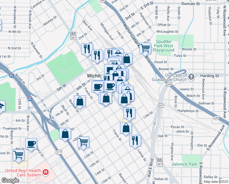 map of restaurants, bars, coffee shops, grocery stores, and more near 815 Scott Avenue in Wichita Falls
