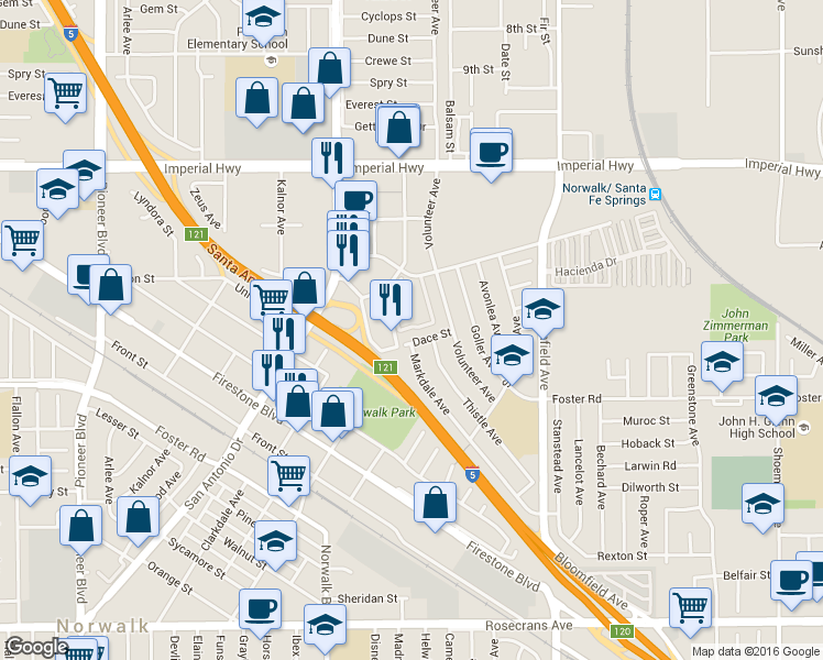 map of restaurants, bars, coffee shops, grocery stores, and more near 13050 Sycamore Village Drive in Norwalk