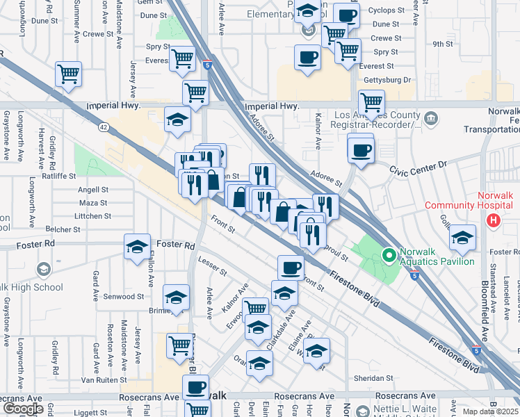 map of restaurants, bars, coffee shops, grocery stores, and more near 11922 Sproul Street in Norwalk