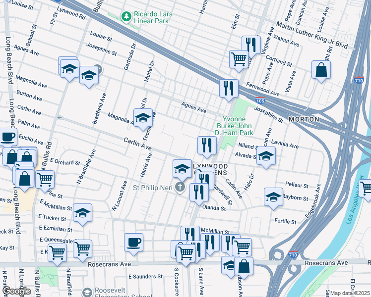 map of restaurants, bars, coffee shops, grocery stores, and more near 4295 Carlin Avenue in Lynwood