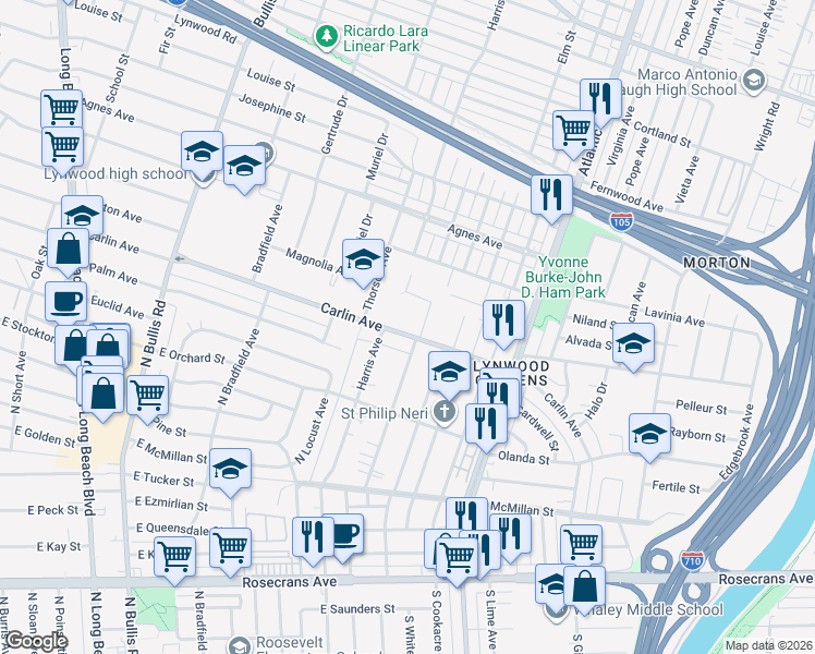 map of restaurants, bars, coffee shops, grocery stores, and more near 4217 Carlin Avenue in Lynwood