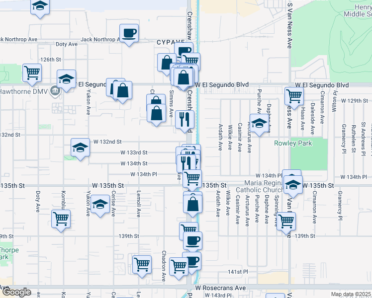 map of restaurants, bars, coffee shops, grocery stores, and more near 13207 Eriel Avenue in Hawthorne
