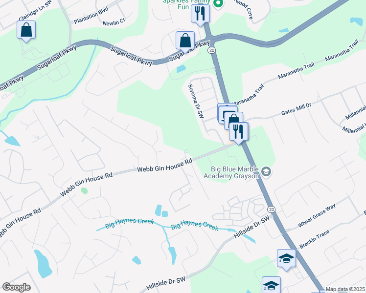 map of restaurants, bars, coffee shops, grocery stores, and more near 587 Webb Gin House Road in Lawrenceville