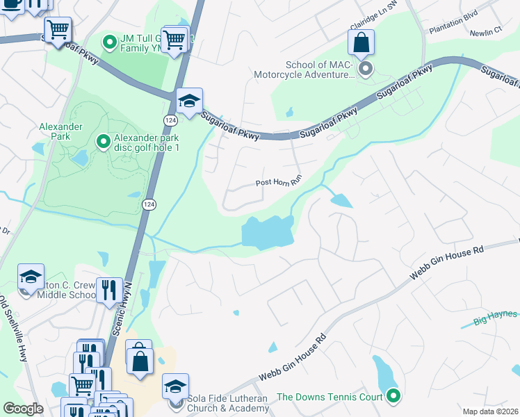 map of restaurants, bars, coffee shops, grocery stores, and more near 1110 Bridle Path Drive in Lawrenceville