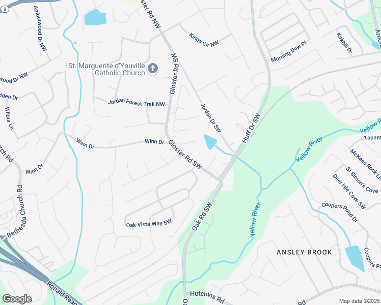 map of restaurants, bars, coffee shops, grocery stores, and more near 82 Gloster Road Southwest in Lawrenceville