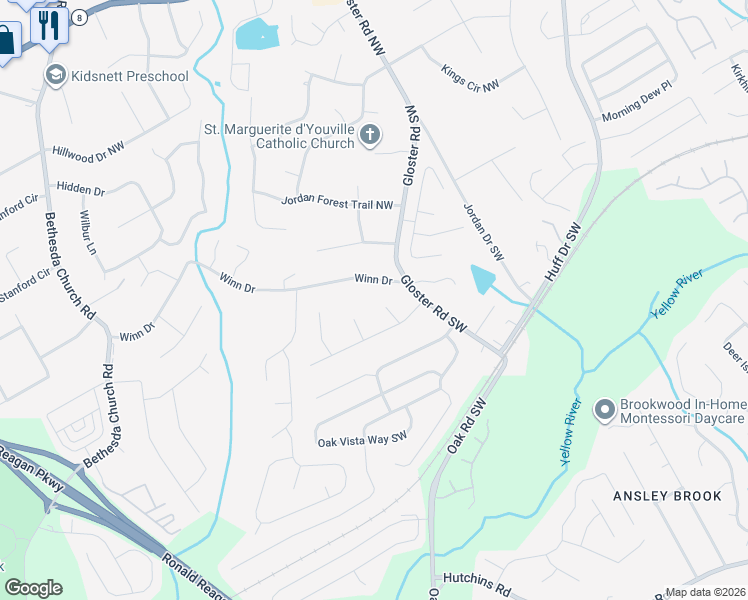 map of restaurants, bars, coffee shops, grocery stores, and more near 66 Earle Court in Lawrenceville