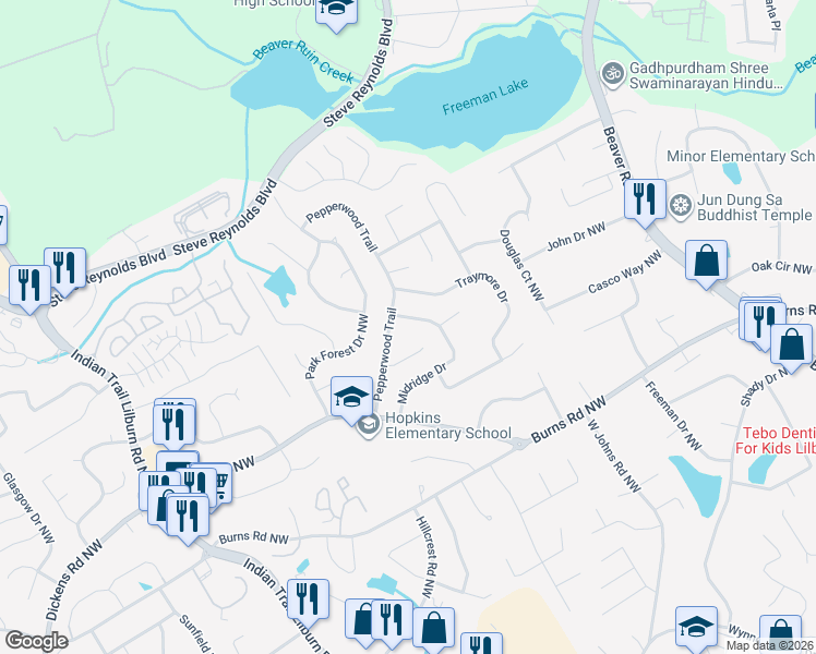 map of restaurants, bars, coffee shops, grocery stores, and more near 4579 Midridge Drive in Norcross