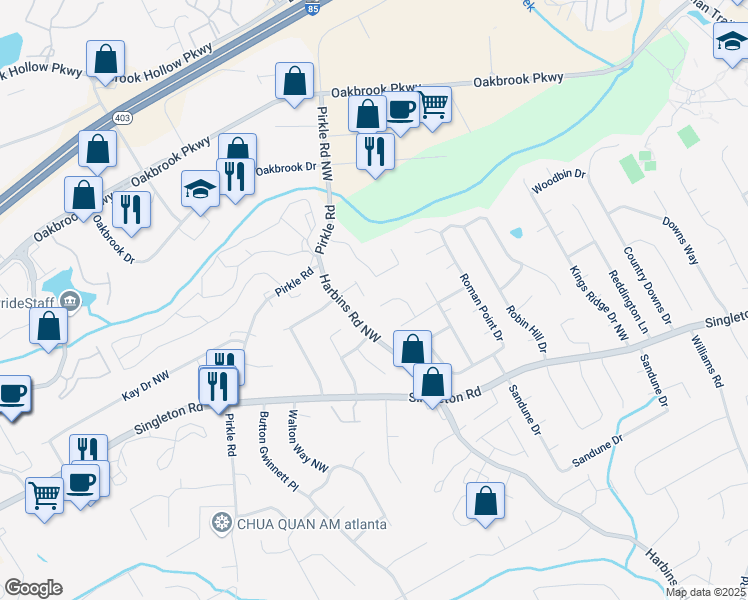 map of restaurants, bars, coffee shops, grocery stores, and more near 5588 Estates Court in Norcross