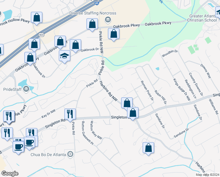 map of restaurants, bars, coffee shops, grocery stores, and more near 1502 Harbins Road Northwest in Norcross