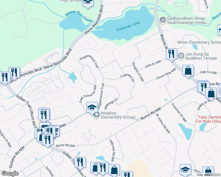 map of restaurants, bars, coffee shops, grocery stores, and more near 4579 Midridge Dr in Norcross