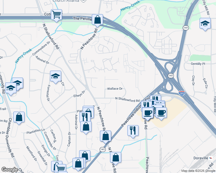 map of restaurants, bars, coffee shops, grocery stores, and more near 2260 Wallace Drive in Chamblee