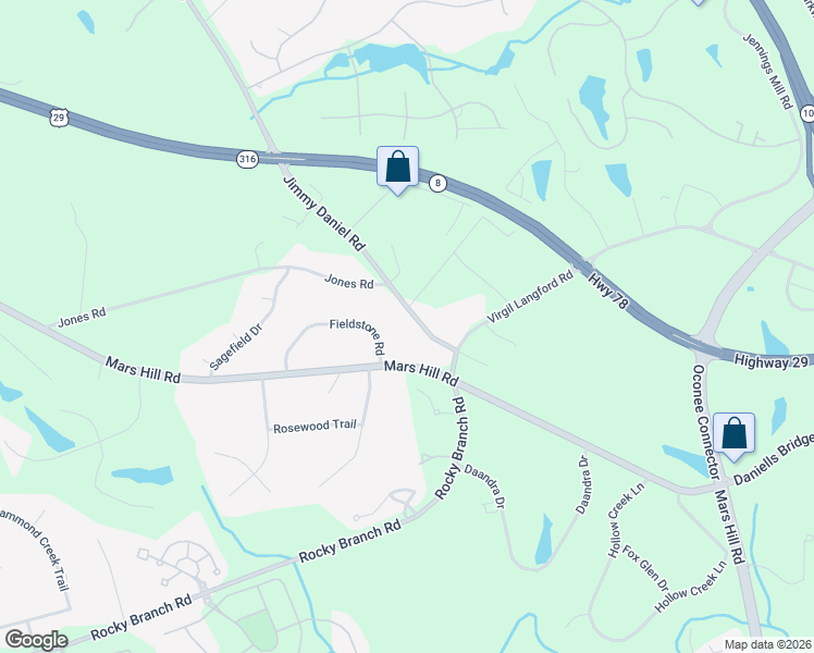 map of restaurants, bars, coffee shops, grocery stores, and more near 1051 Jimmy Daniel Road in Bogart