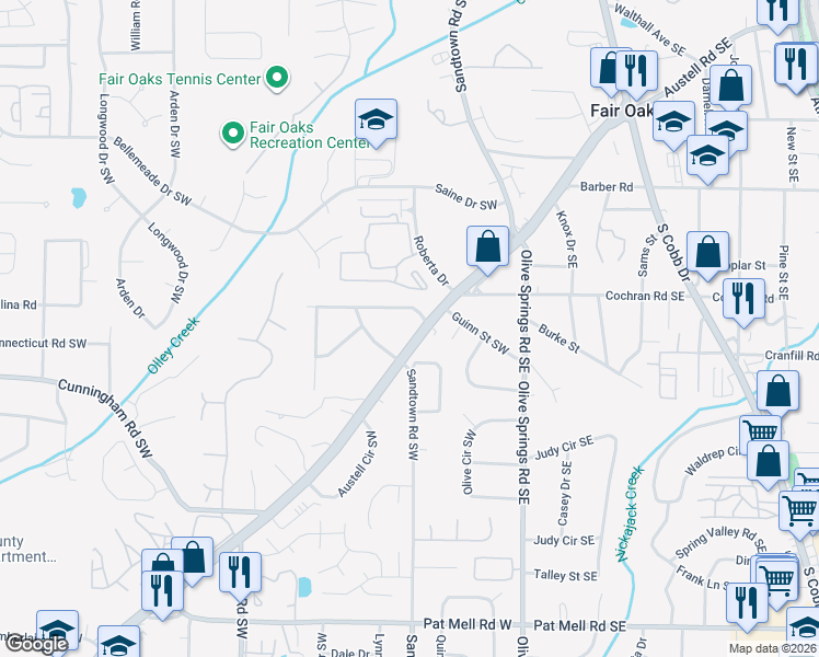 map of restaurants, bars, coffee shops, grocery stores, and more near 1696 Austell Road Southwest in Marietta