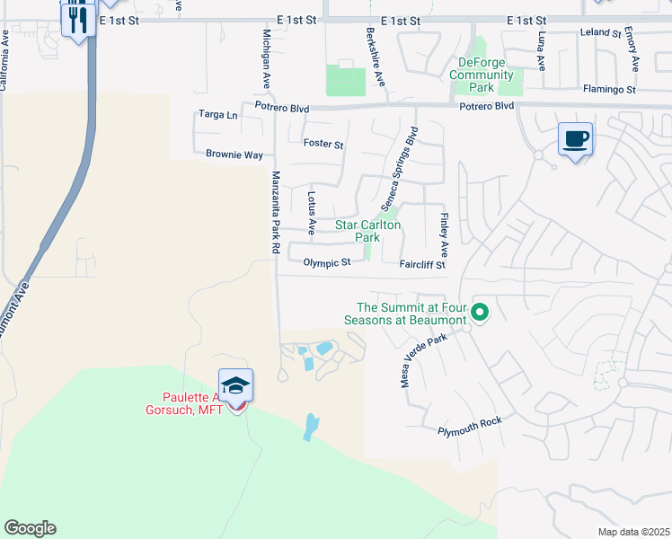 map of restaurants, bars, coffee shops, grocery stores, and more near 1315 Olympic Street in Beaumont