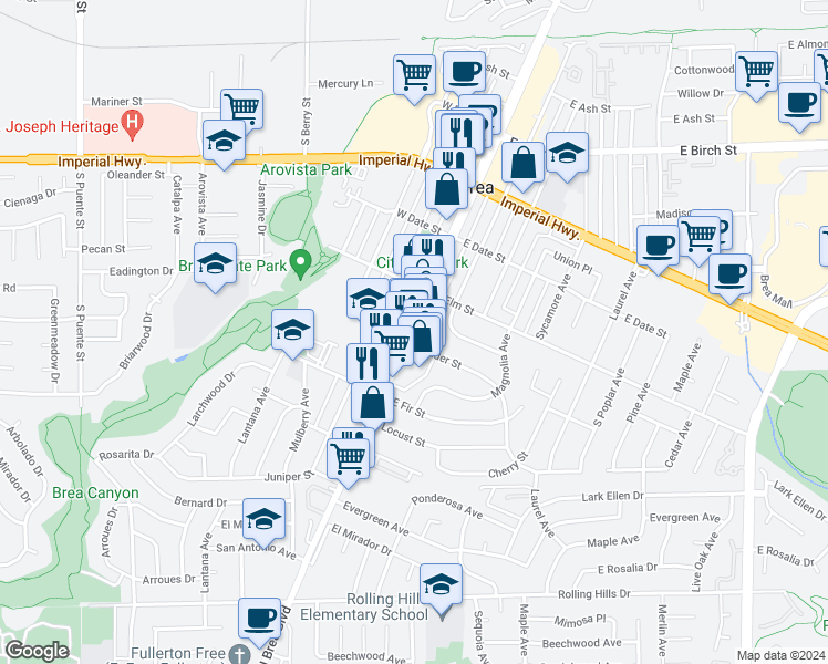map of restaurants, bars, coffee shops, grocery stores, and more near 576 South Brea Boulevard in Brea