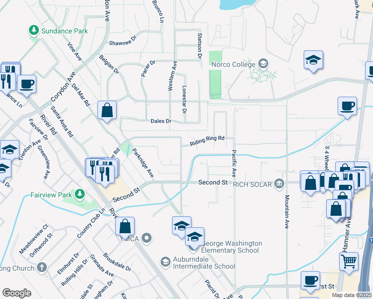 map of restaurants, bars, coffee shops, grocery stores, and more near 2090 Western Avenue in Norco
