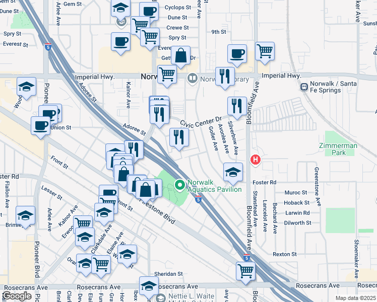 map of restaurants, bars, coffee shops, grocery stores, and more near 13050 Sycamore Village Drive in Norwalk