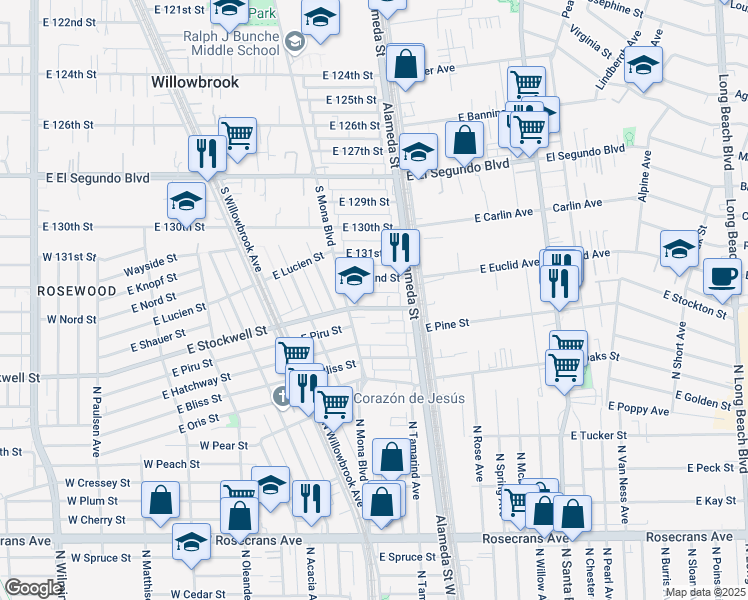 map of restaurants, bars, coffee shops, grocery stores, and more near 2535 East 133rd Street in Compton