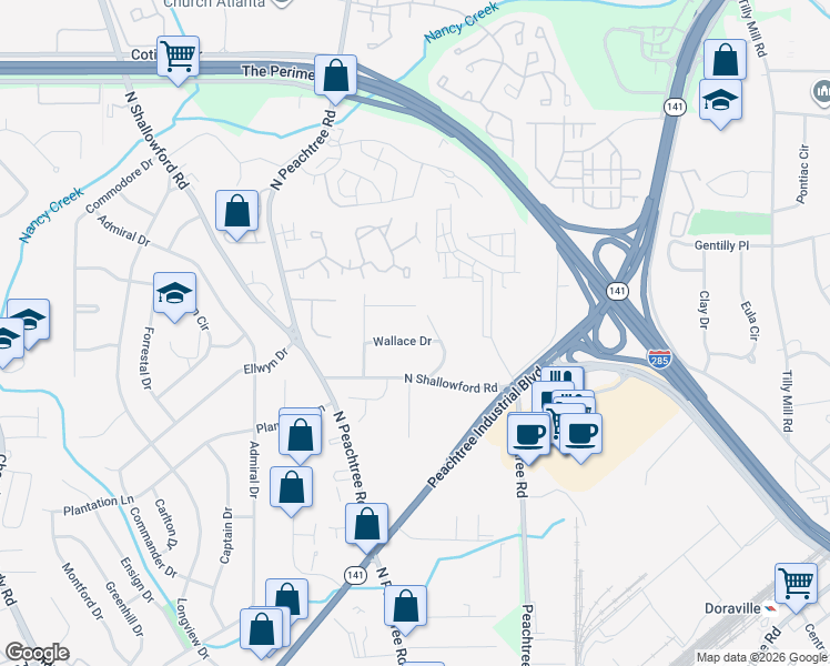 map of restaurants, bars, coffee shops, grocery stores, and more near 2296 Wallace Drive in Chamblee